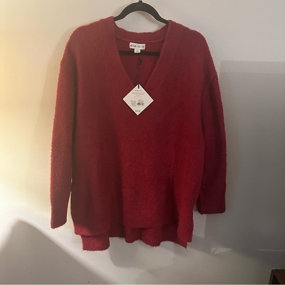 NWT Ava & Viv XXL Red V Neck Pullover Sweater Tunic Long Sleeve - Picture 1 of 9